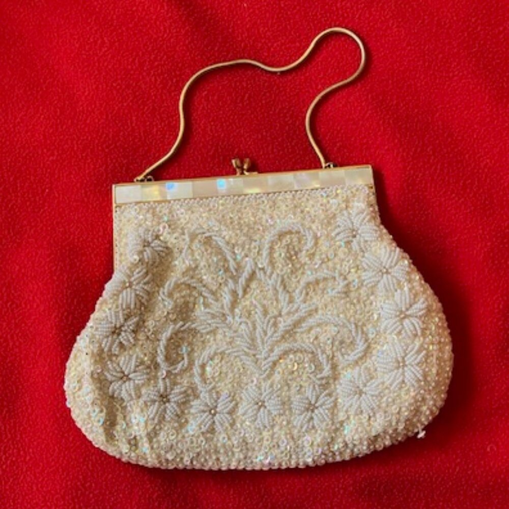 Vintage Pearl and Sequin Cream Purse